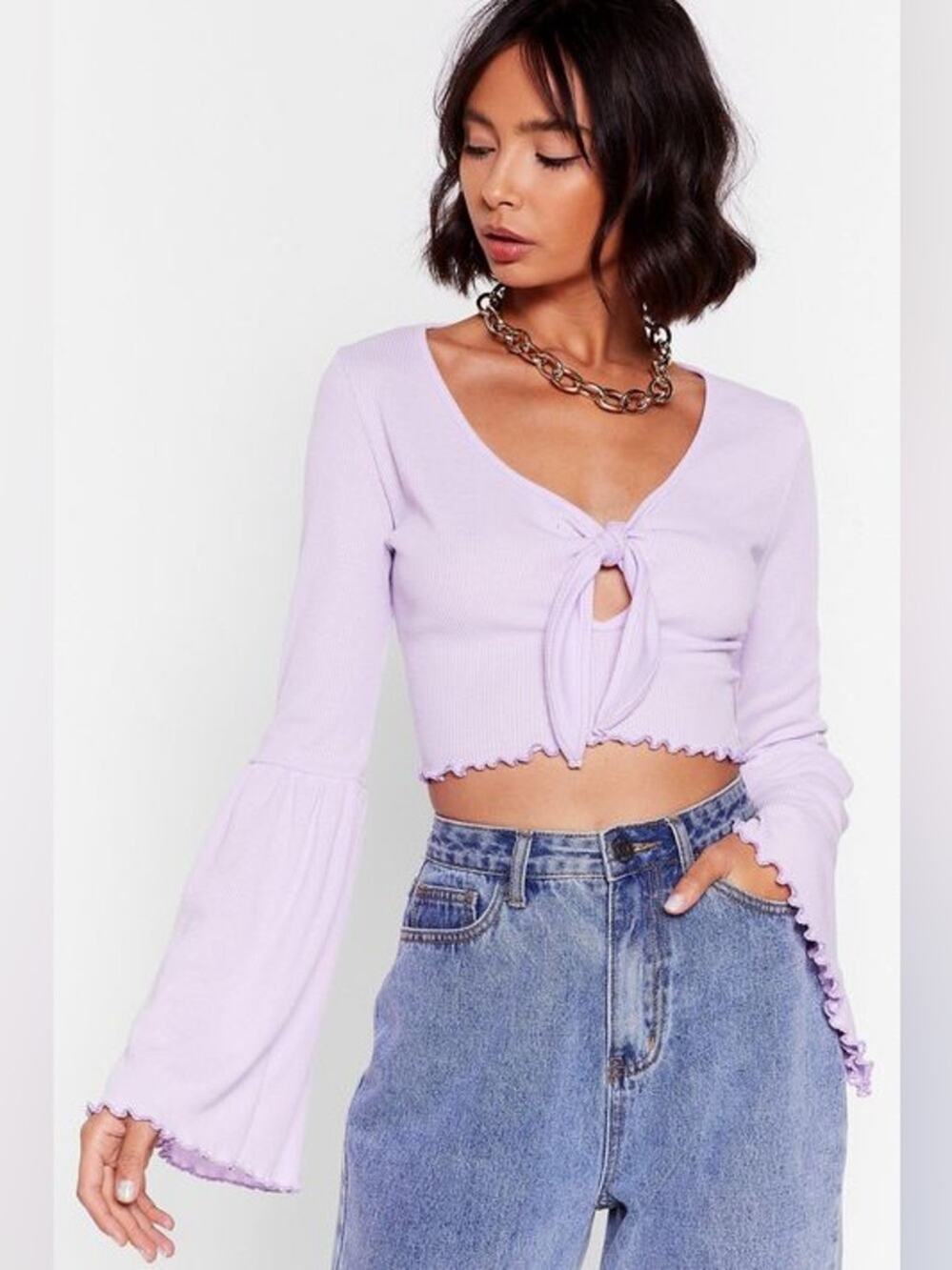 Nwt Nasty Gal Bell Sleeve Tie Front Crop Top Lilac Purple Size 8